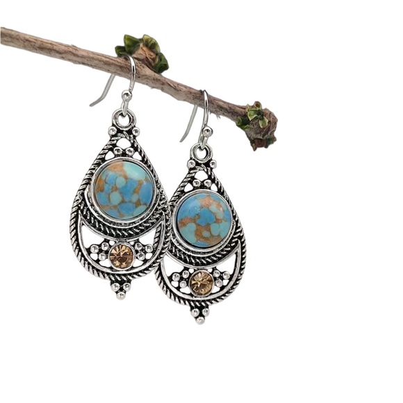 Boho Turquoise and Gemstone Silver Teardrop Earrings - Picture 2 of 5